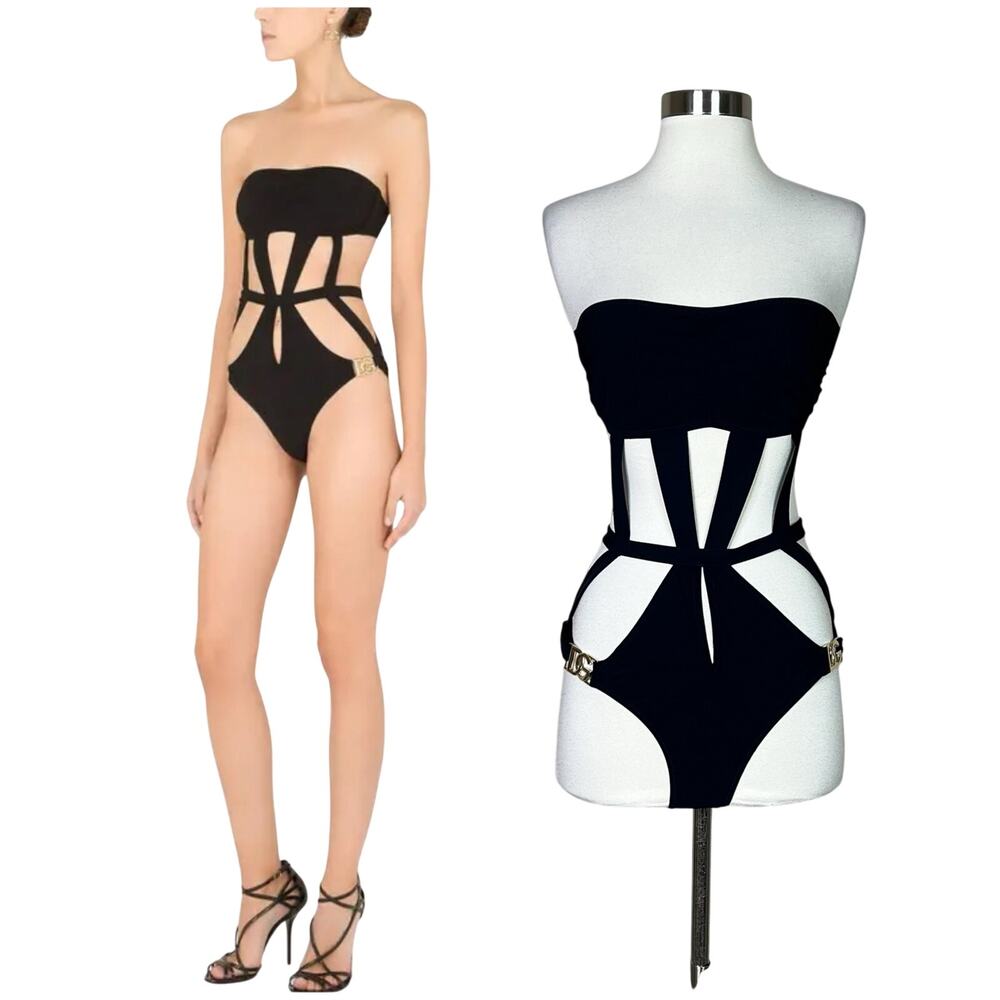 Dolce & Gabbana | Strappy Gold Logo Black Bandeau Designer One Piece Swimsuit M